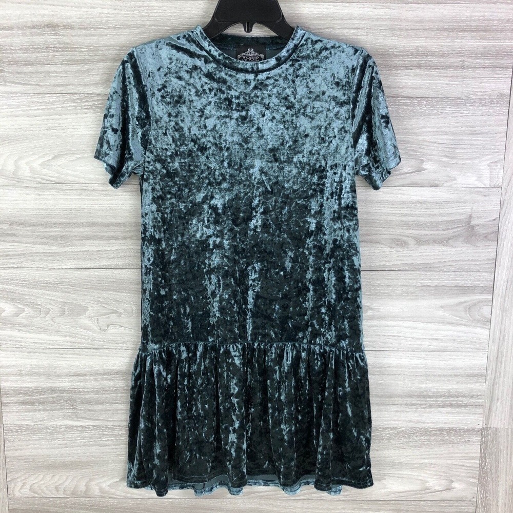 Angie Girls Juniors Velvet Short Sleeve Crushed Flounce Dress Blue Size …